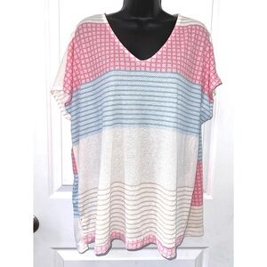 Lovely J blue/pink/white striped V neck top